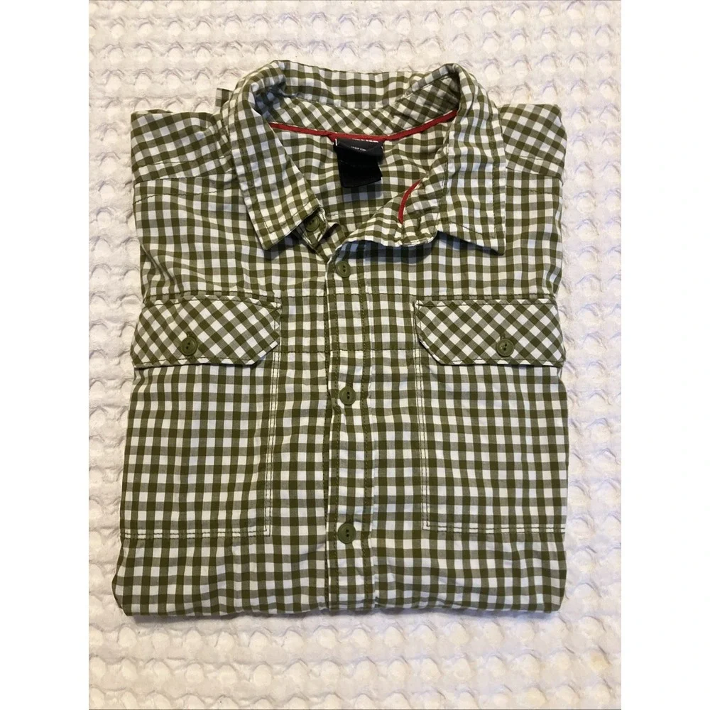 The North Face Mens XL Olive Green Gingham Short Sleeve Button Down Shirt Hiking